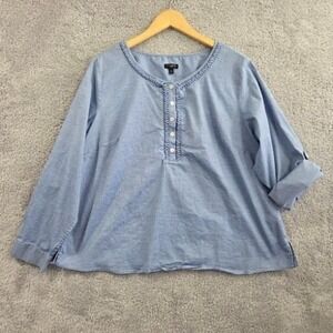 Talbots Women's 2X Blue Chambray Top Popover Cottage Roll Tab Sleeves Coastal